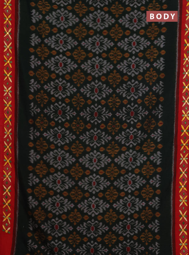 Ikat cotton saree bottle green and maroon with allover ikat weaves and kantha stitch work pallu