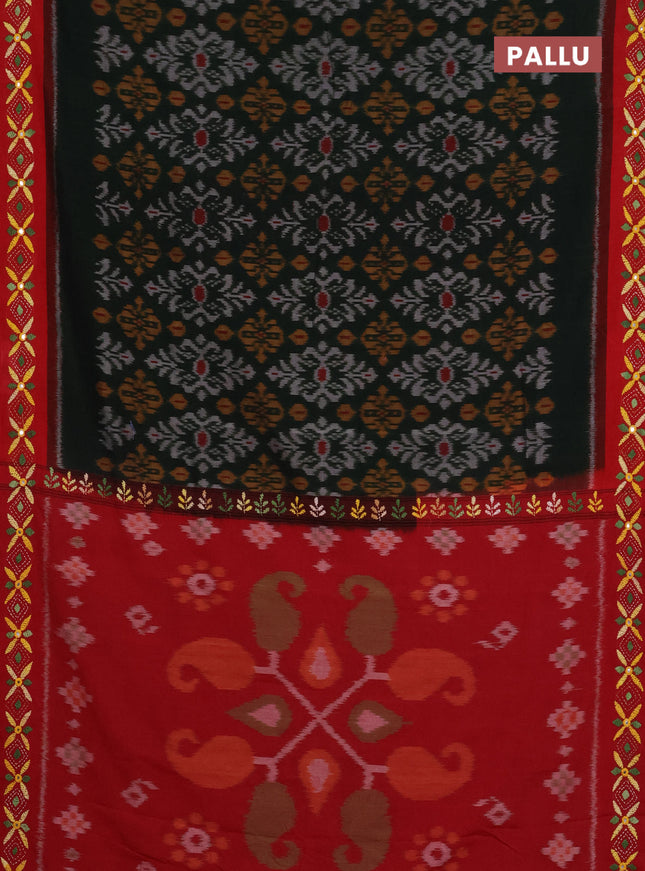 Ikat cotton saree bottle green and maroon with allover ikat weaves and kantha stitch work pallu