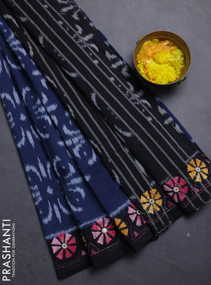 Ikat cotton saree navy blue and black with allover ikat weaves and kantha stitch work pallu