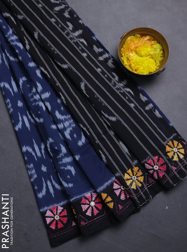 Ikat cotton saree navy blue and black with allover ikat weaves and kantha stitch work pallu