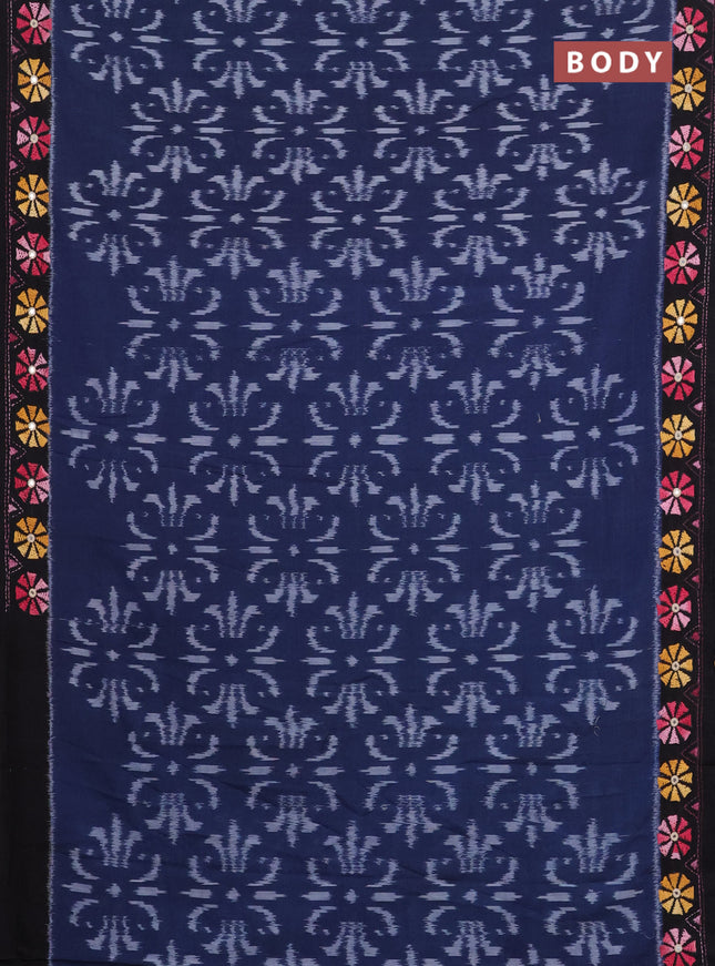 Ikat cotton saree navy blue and black with allover ikat weaves and kantha stitch work pallu