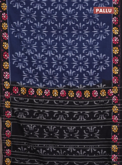 Ikat cotton saree navy blue and black with allover ikat weaves and kantha stitch work pallu