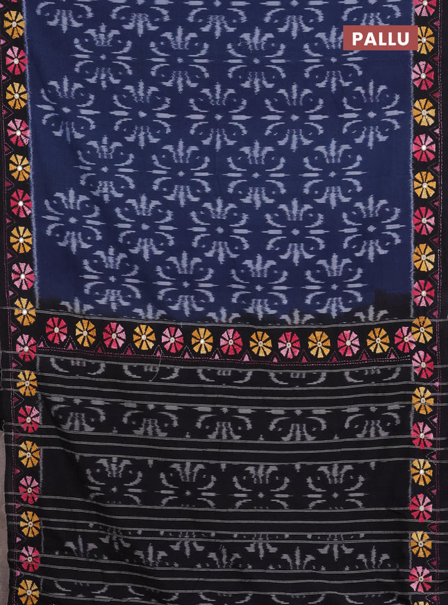 Ikat cotton saree navy blue and black with allover ikat weaves and kantha stitch work pallu