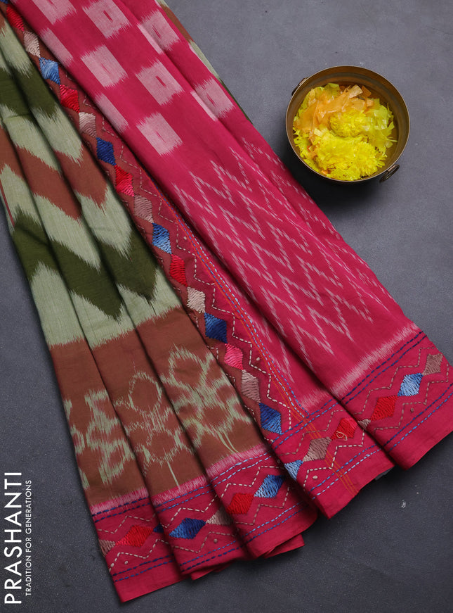Ikat cotton saree green and pink with allover zigzag ikat weaves and ikat woven & kantha stitch work pallu