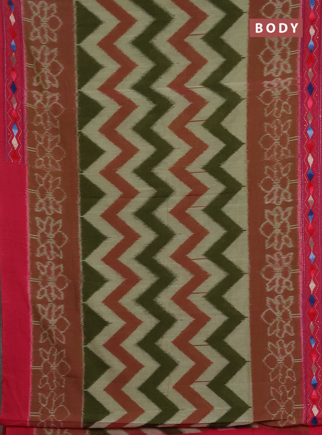 Ikat cotton saree green and pink with allover zigzag ikat weaves and ikat woven & kantha stitch work pallu