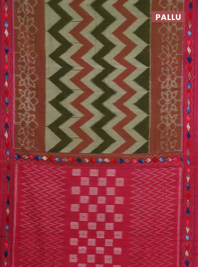 Ikat cotton saree green and pink with allover zigzag ikat weaves and ikat woven & kantha stitch work pallu