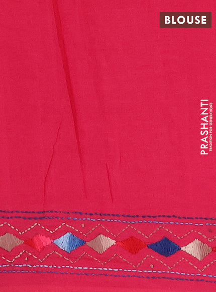 Ikat cotton saree green and pink with allover zigzag ikat weaves and ikat woven & kantha stitch work pallu