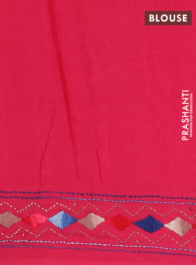 Ikat cotton saree green and pink with allover zigzag ikat weaves and ikat woven & kantha stitch work pallu