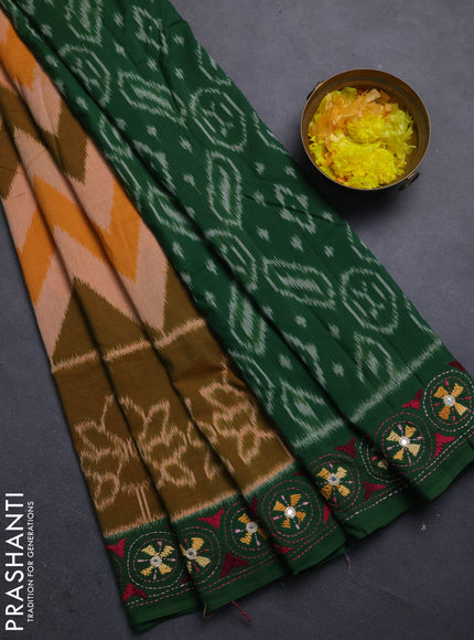 Ikat cotton saree peach shade and green with allover zigzag ikat weaves and ikat woven & kantha stitch work pallu