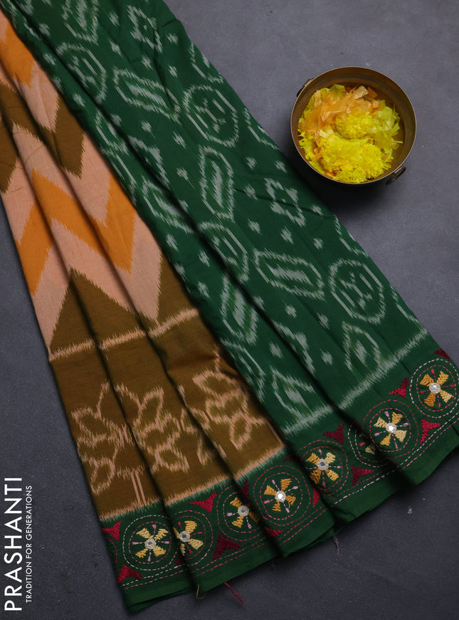 Ikat cotton saree peach shade and green with allover zigzag ikat weaves and ikat woven & kantha stitch work pallu