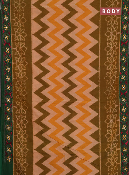 Ikat cotton saree peach shade and green with allover zigzag ikat weaves and ikat woven & kantha stitch work pallu