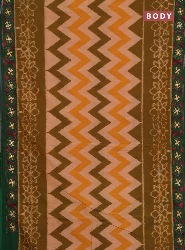 Ikat cotton saree peach shade and green with allover zigzag ikat weaves and ikat woven & kantha stitch work pallu