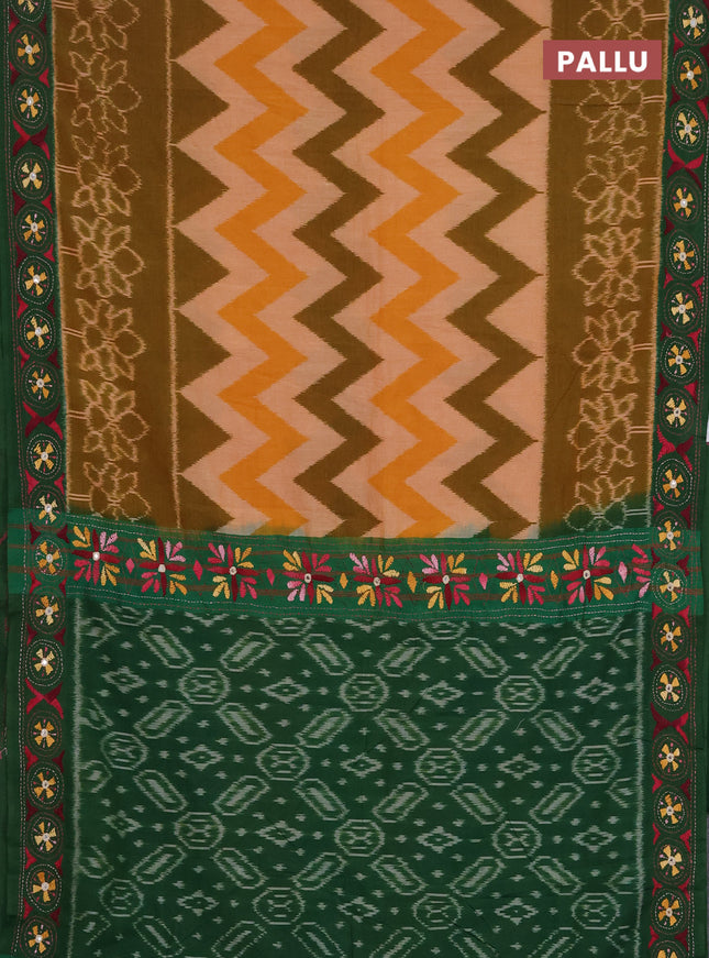 Ikat cotton saree peach shade and green with allover zigzag ikat weaves and ikat woven & kantha stitch work pallu