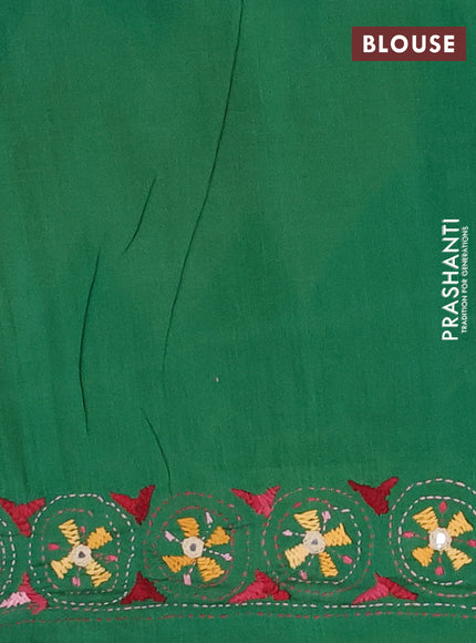Ikat cotton saree peach shade and green with allover zigzag ikat weaves and ikat woven & kantha stitch work pallu