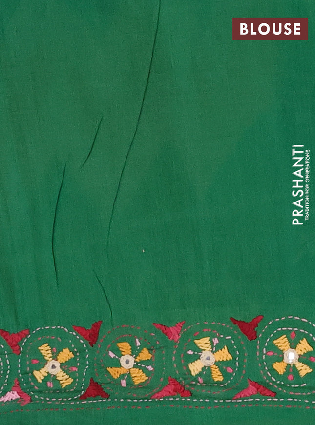 Ikat cotton saree peach shade and green with allover zigzag ikat weaves and ikat woven & kantha stitch work pallu