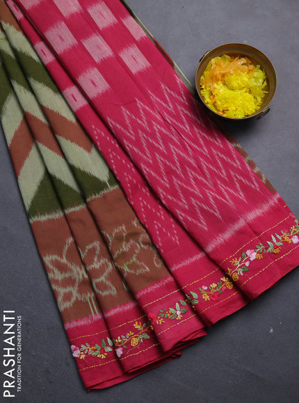 Ikat cotton saree mehendi green and pink with allover zigzag ikat weaves and ikat woven & kantha stitch work pallu