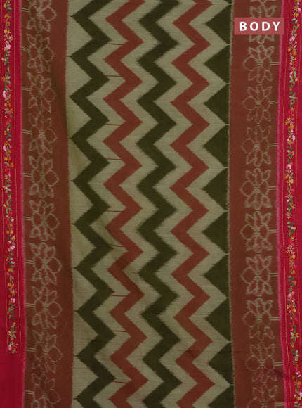 Ikat cotton saree mehendi green and pink with allover zigzag ikat weaves and ikat woven & kantha stitch work pallu