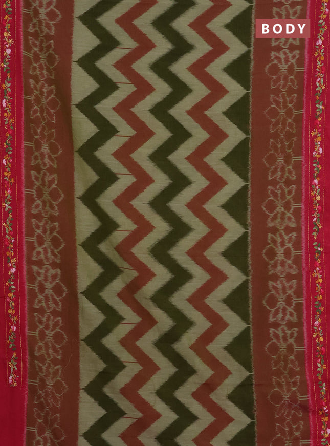 Ikat cotton saree mehendi green and pink with allover zigzag ikat weaves and ikat woven & kantha stitch work pallu