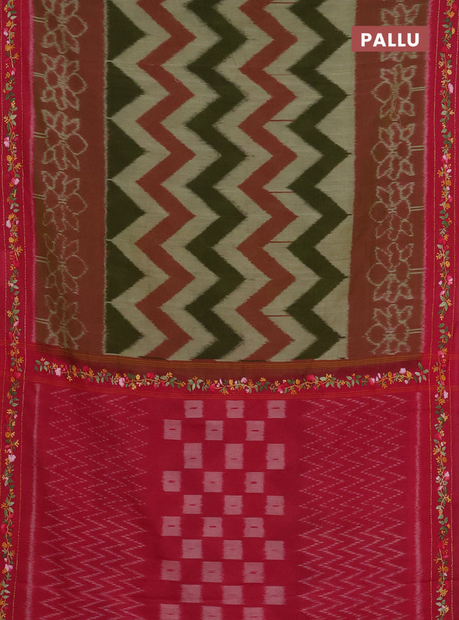 Ikat cotton saree mehendi green and pink with allover zigzag ikat weaves and ikat woven & kantha stitch work pallu