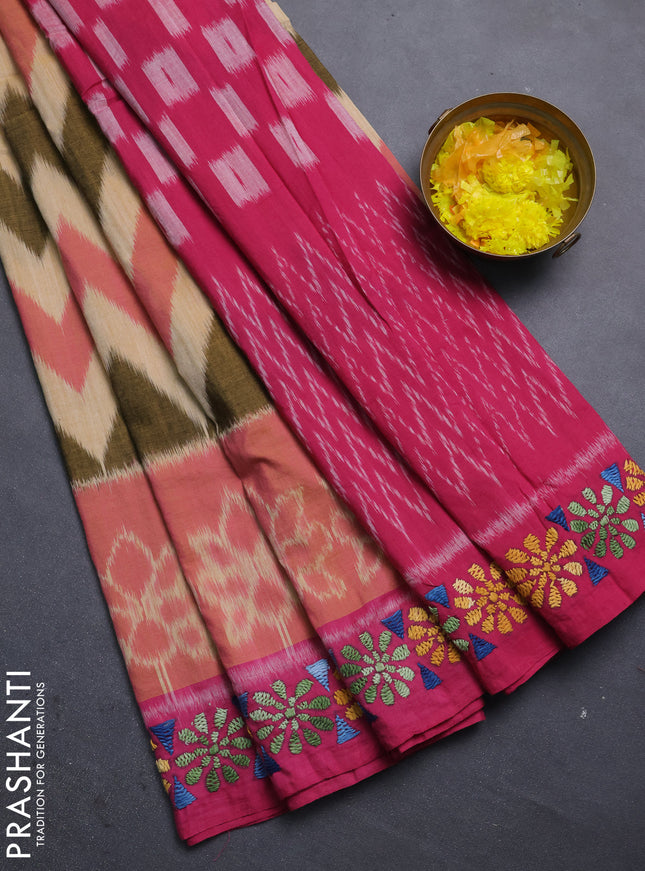 Ikat cotton saree sandal and pink with allover zigzag ikat weaves and ikat woven & kantha stitch work pallu