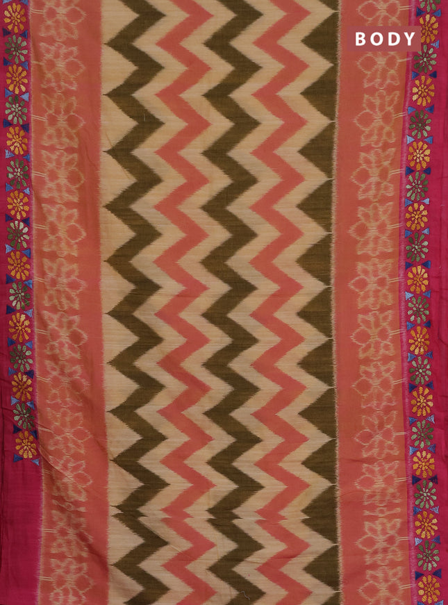 Ikat cotton saree sandal and pink with allover zigzag ikat weaves and ikat woven & kantha stitch work pallu