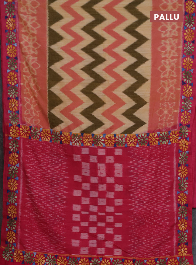 Ikat cotton saree sandal and pink with allover zigzag ikat weaves and ikat woven & kantha stitch work pallu
