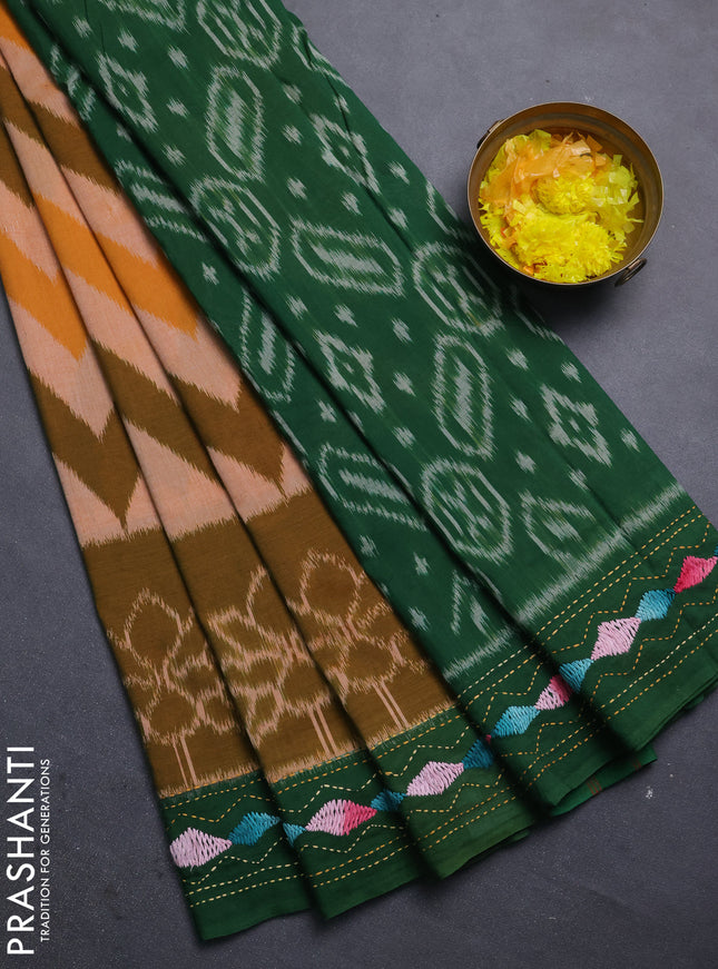 Ikat cotton saree mehendi green and green with allover zigzag ikat weaves and ikat woven & kantha stitch work pallu