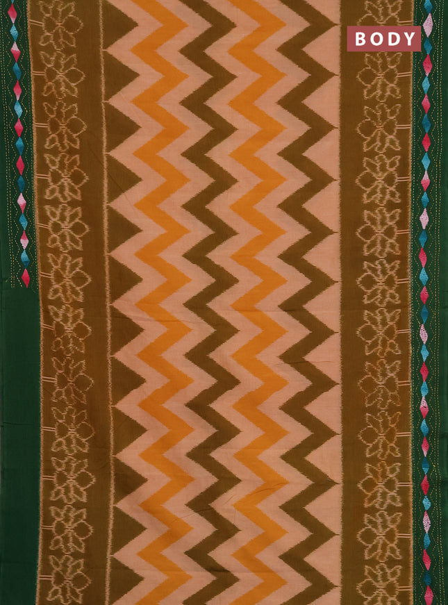 Ikat cotton saree mehendi green and green with allover zigzag ikat weaves and ikat woven & kantha stitch work pallu