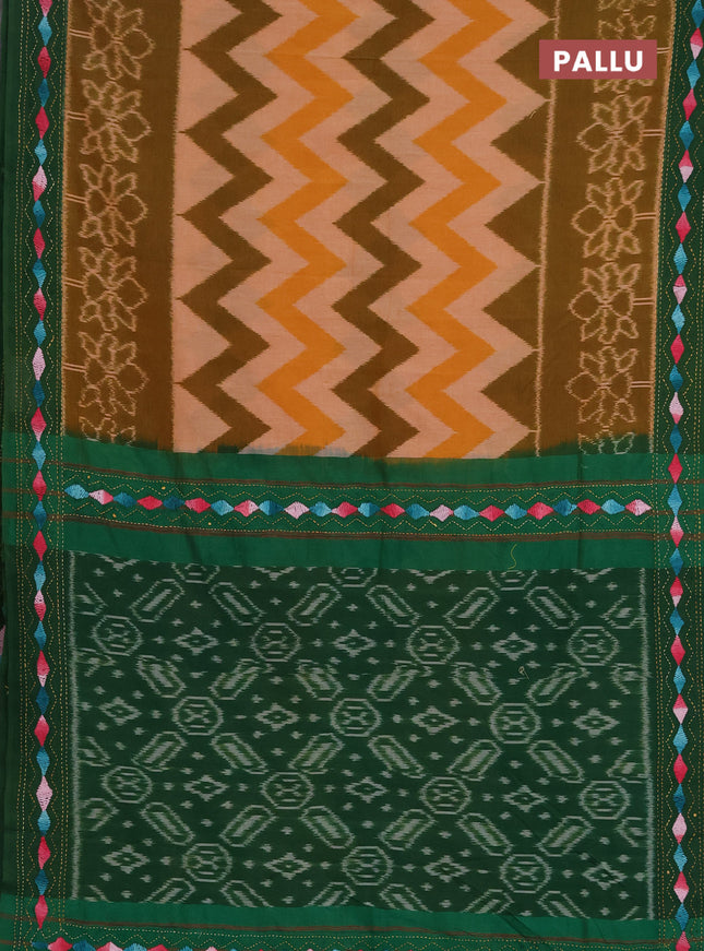 Ikat cotton saree mehendi green and green with allover zigzag ikat weaves and ikat woven & kantha stitch work pallu