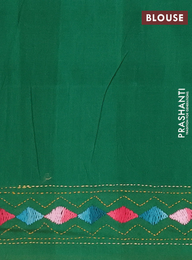 Ikat cotton saree mehendi green and green with allover zigzag ikat weaves and ikat woven & kantha stitch work pallu