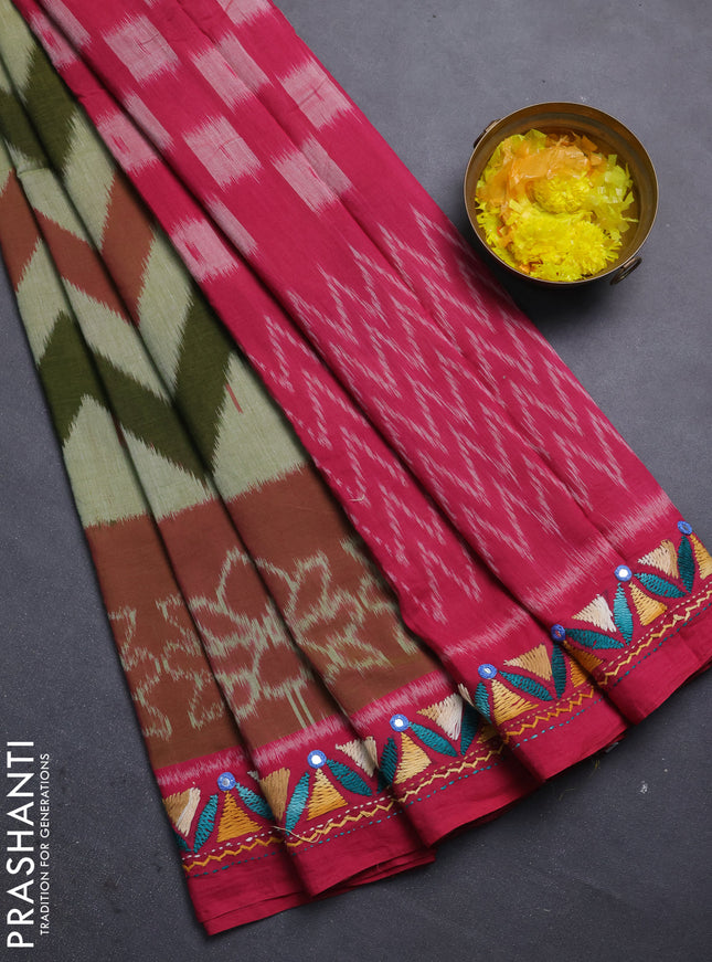 Ikat cotton saree mehendi green and pink with allover zigzag ikat weaves and ikat woven & kantha stitch work pallu