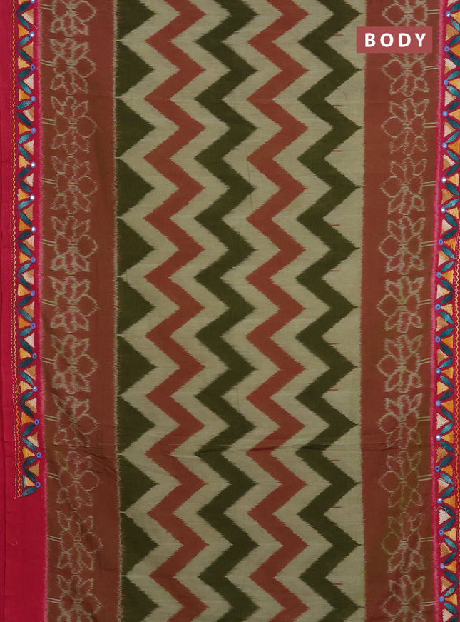 Ikat cotton saree mehendi green and pink with allover zigzag ikat weaves and ikat woven & kantha stitch work pallu
