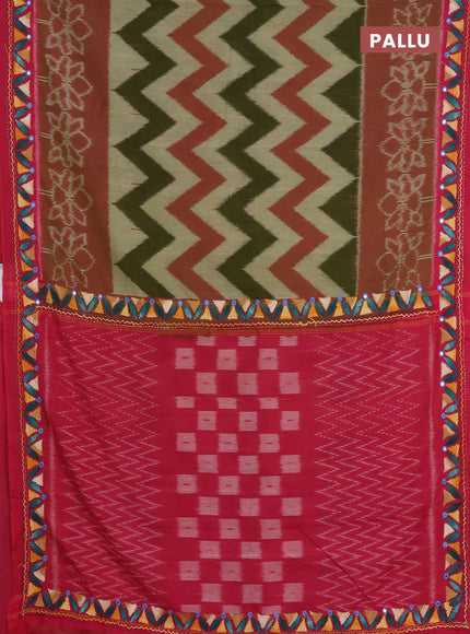 Ikat cotton saree mehendi green and pink with allover zigzag ikat weaves and ikat woven & kantha stitch work pallu