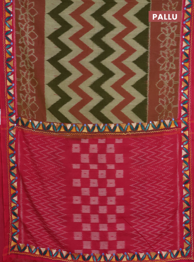 Ikat cotton saree mehendi green and pink with allover zigzag ikat weaves and ikat woven & kantha stitch work pallu