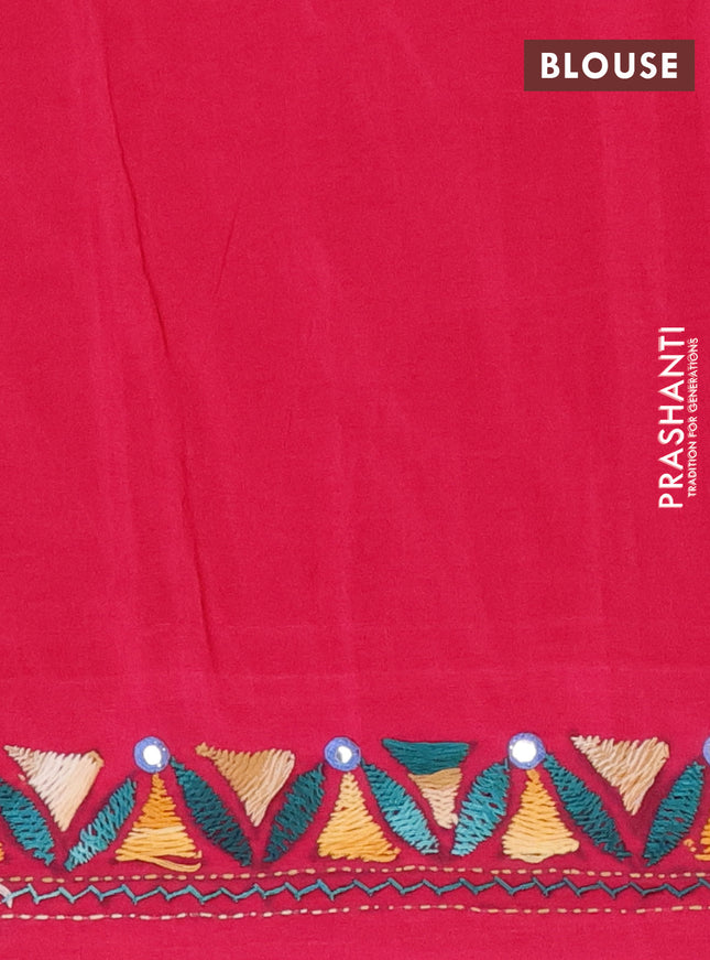 Ikat cotton saree mehendi green and pink with allover zigzag ikat weaves and ikat woven & kantha stitch work pallu