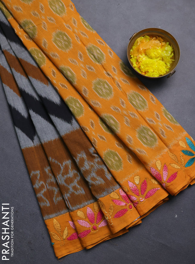 Ikat cotton saree dark mustard and mango yellow with allover zigzag ikat weaves and ikat woven & kantha stitch work pallu