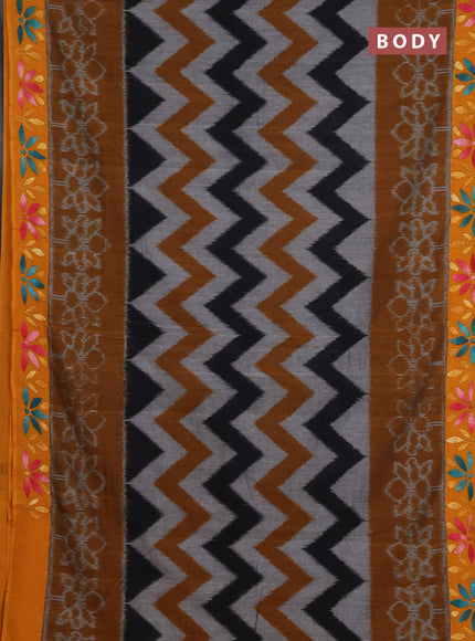 Ikat cotton saree dark mustard and mango yellow with allover zigzag ikat weaves and ikat woven & kantha stitch work pallu
