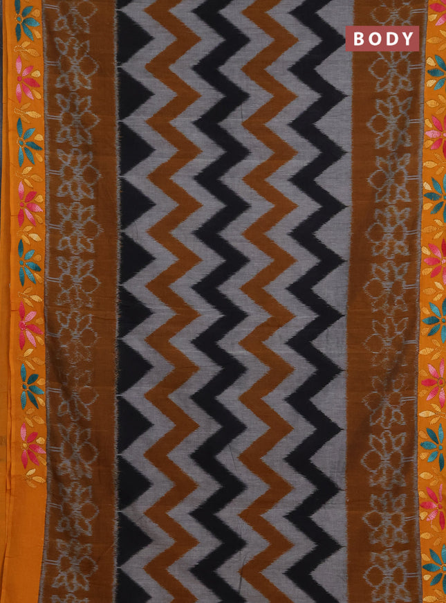 Ikat cotton saree dark mustard and mango yellow with allover zigzag ikat weaves and ikat woven & kantha stitch work pallu