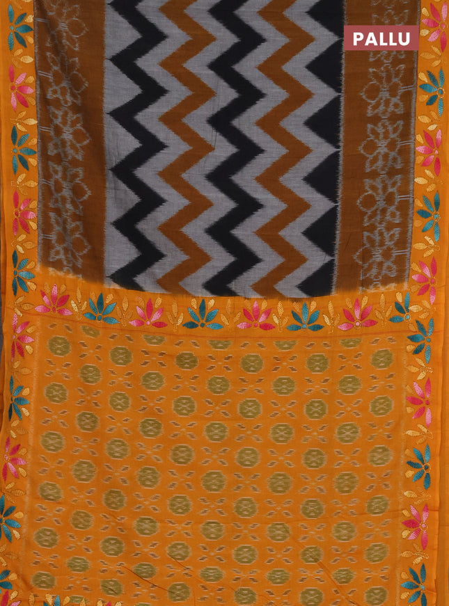Ikat cotton saree dark mustard and mango yellow with allover zigzag ikat weaves and ikat woven & kantha stitch work pallu