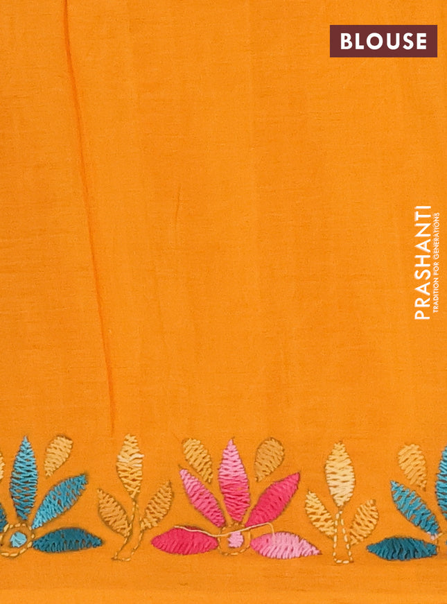 Ikat cotton saree dark mustard and mango yellow with allover zigzag ikat weaves and ikat woven & kantha stitch work pallu