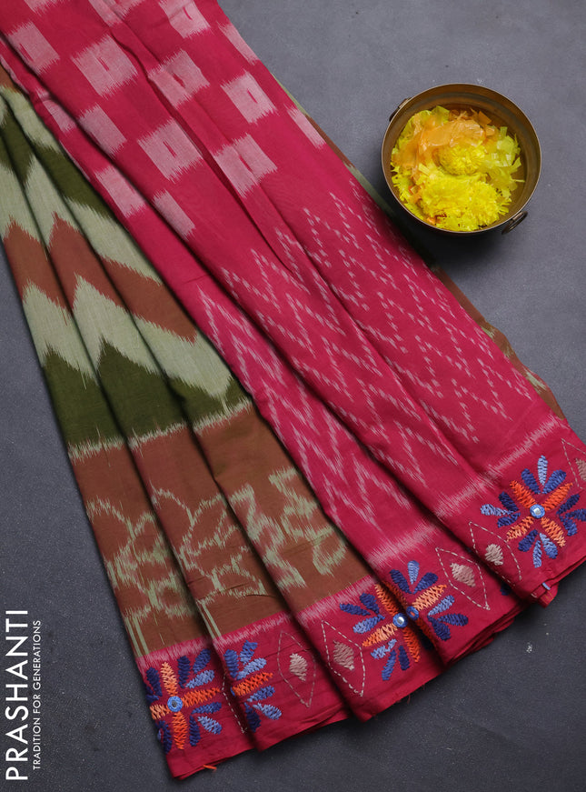 Ikat cotton saree mehendi green and pink with allover zigzag ikat weaves and ikat woven & kantha stitch work pallu