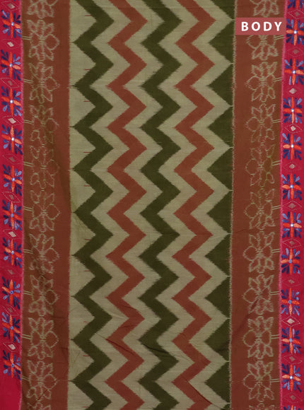 Ikat cotton saree mehendi green and pink with allover zigzag ikat weaves and ikat woven & kantha stitch work pallu