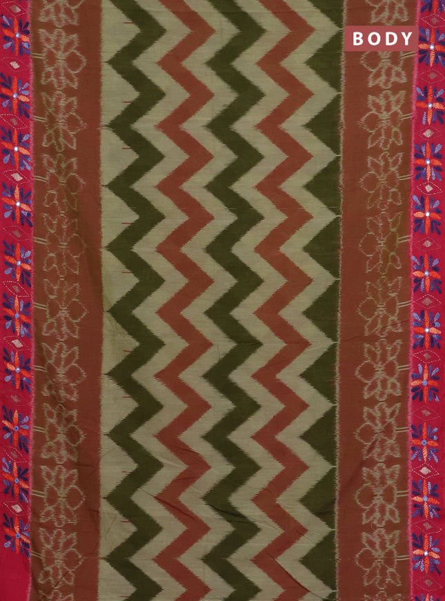 Ikat cotton saree mehendi green and pink with allover zigzag ikat weaves and ikat woven & kantha stitch work pallu