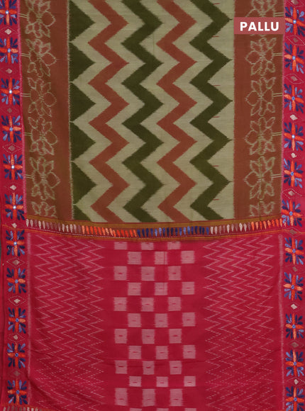 Ikat cotton saree mehendi green and pink with allover zigzag ikat weaves and ikat woven & kantha stitch work pallu