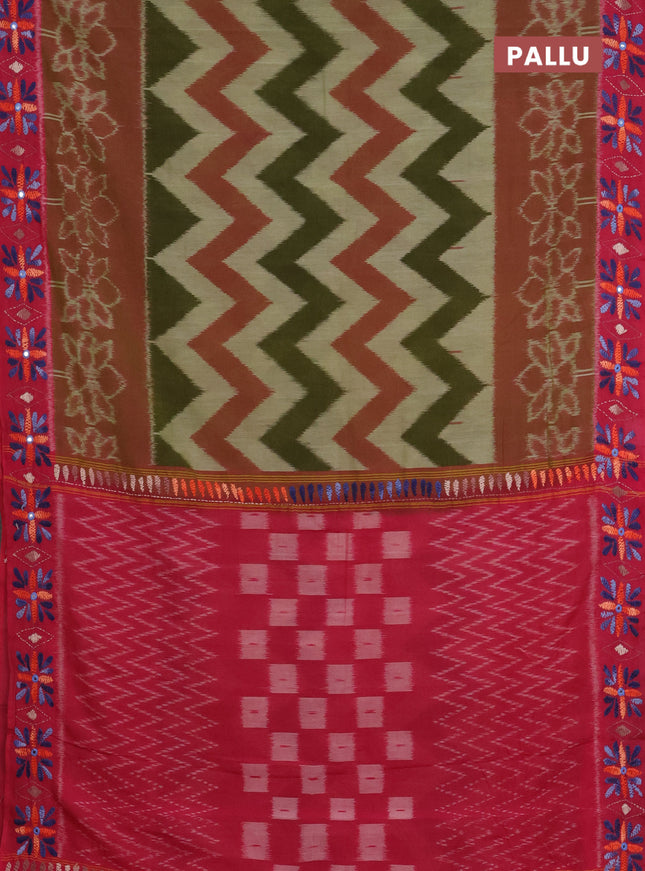 Ikat cotton saree mehendi green and pink with allover zigzag ikat weaves and ikat woven & kantha stitch work pallu
