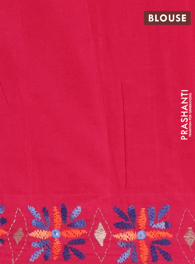 Ikat cotton saree mehendi green and pink with allover zigzag ikat weaves and ikat woven & kantha stitch work pallu