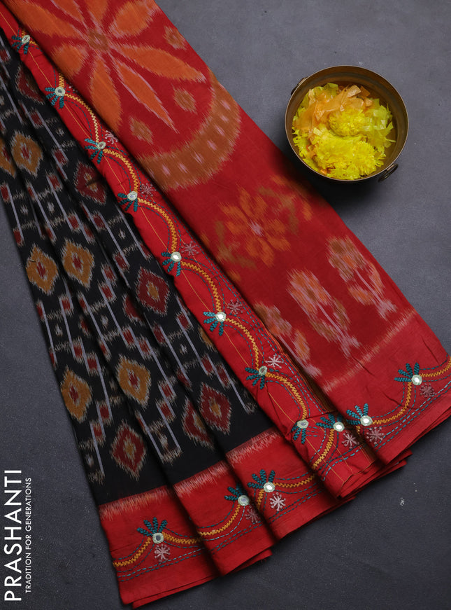Ikat cotton saree black and red with allover ikat weaves and kantha stitch work pallu