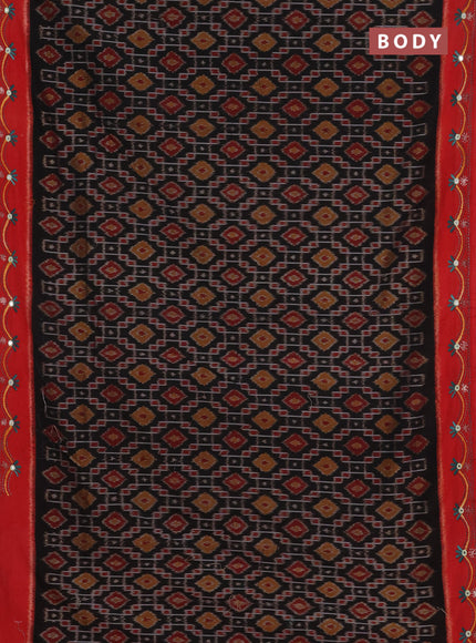 Ikat cotton saree black and red with allover ikat weaves and kantha stitch work pallu