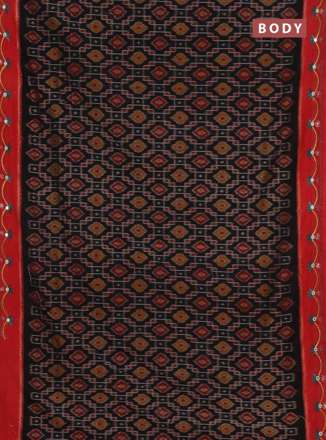 Ikat cotton saree black and red with allover ikat weaves and kantha stitch work pallu