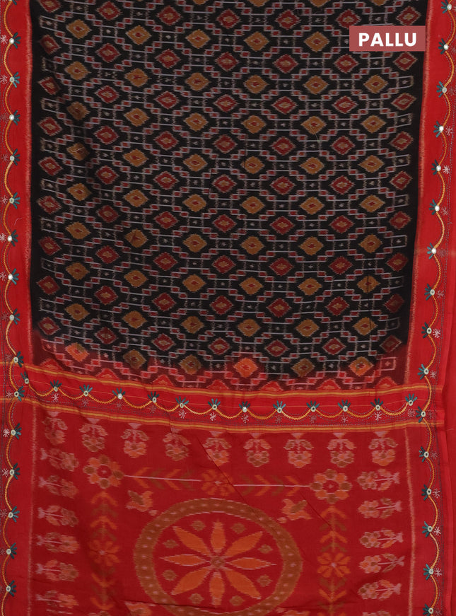 Ikat cotton saree black and red with allover ikat weaves and kantha stitch work pallu